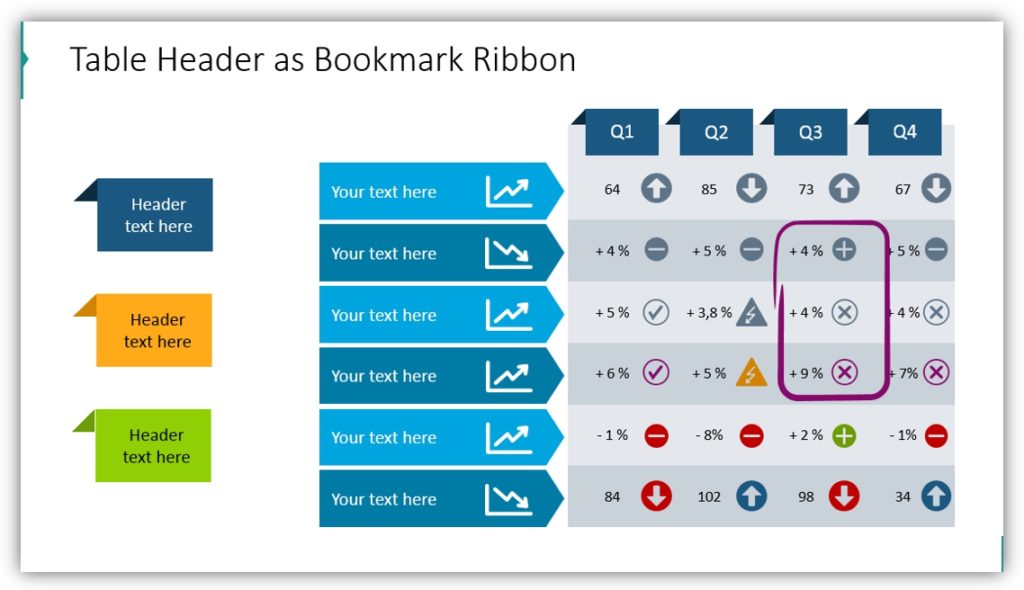 graphical tables with bookmark ribbon PowerPoint slides prezentio