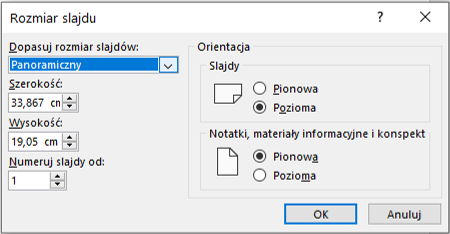 ustawienia rozmiaru slajdów PowerPoint