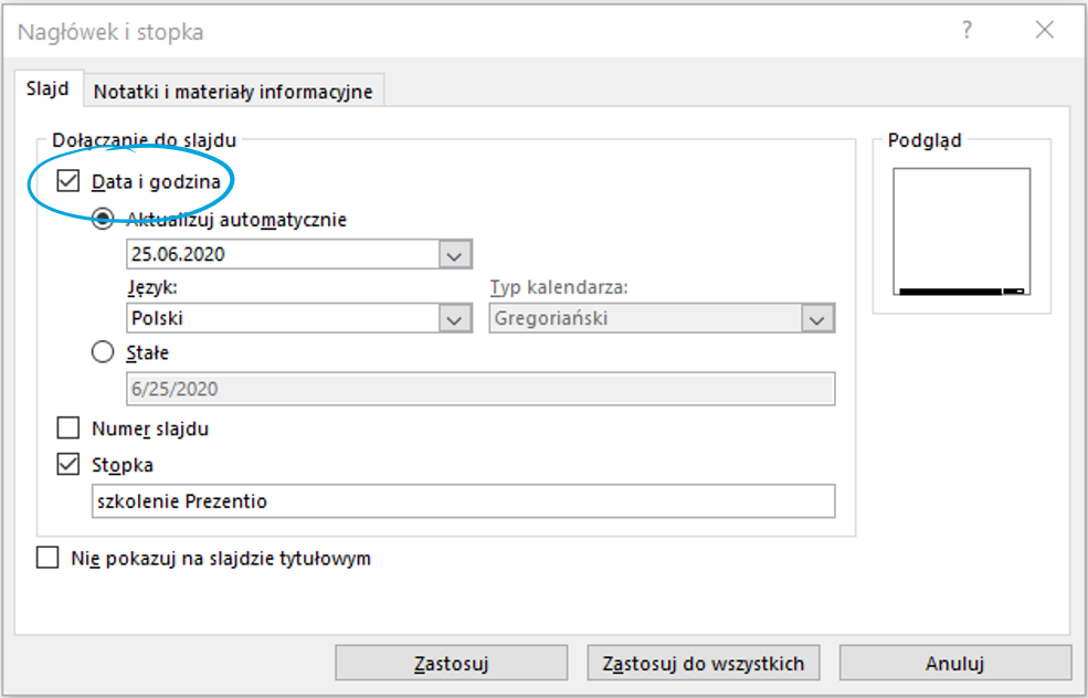 dodawanie daty w stopce slajdu PowerPoint