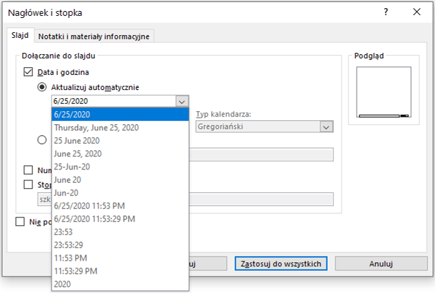 ustawienia formatu daty w PowerPoint