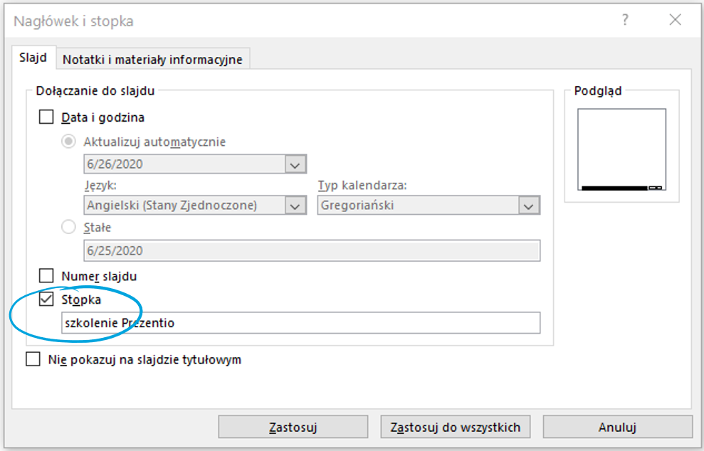 ustawienia stopki PowerPoint