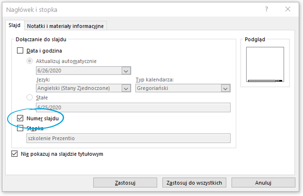 Wstawianie numeru slajdu do stopki w PowerPoint