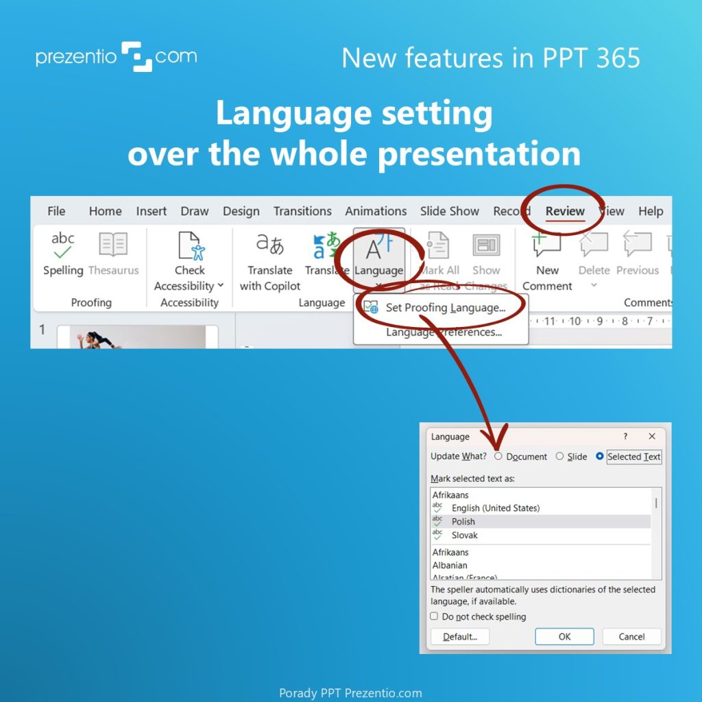 powerpoint 2026 new feature Language Proof setting global in MS Office 365