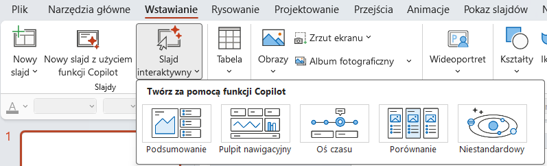 ikona Interaktywne slajdy w polskim menu PowerPoint z Microsoft 365 Copilot