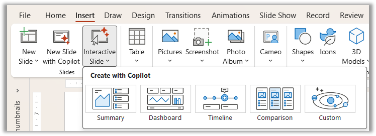 Tlačidlo Interactive Slide na páse s nástrojmi PowerPointu s Microsoft 365 Copilot